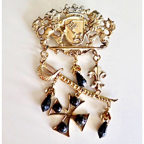 Edwardian Coat of Arms Hanging Fluer de Lei Sward Jet Cross Bead Brooch C Catch - Picture 1 of 12